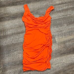 Selfie Leslie Orange Ruched Bodycon Mini Dress